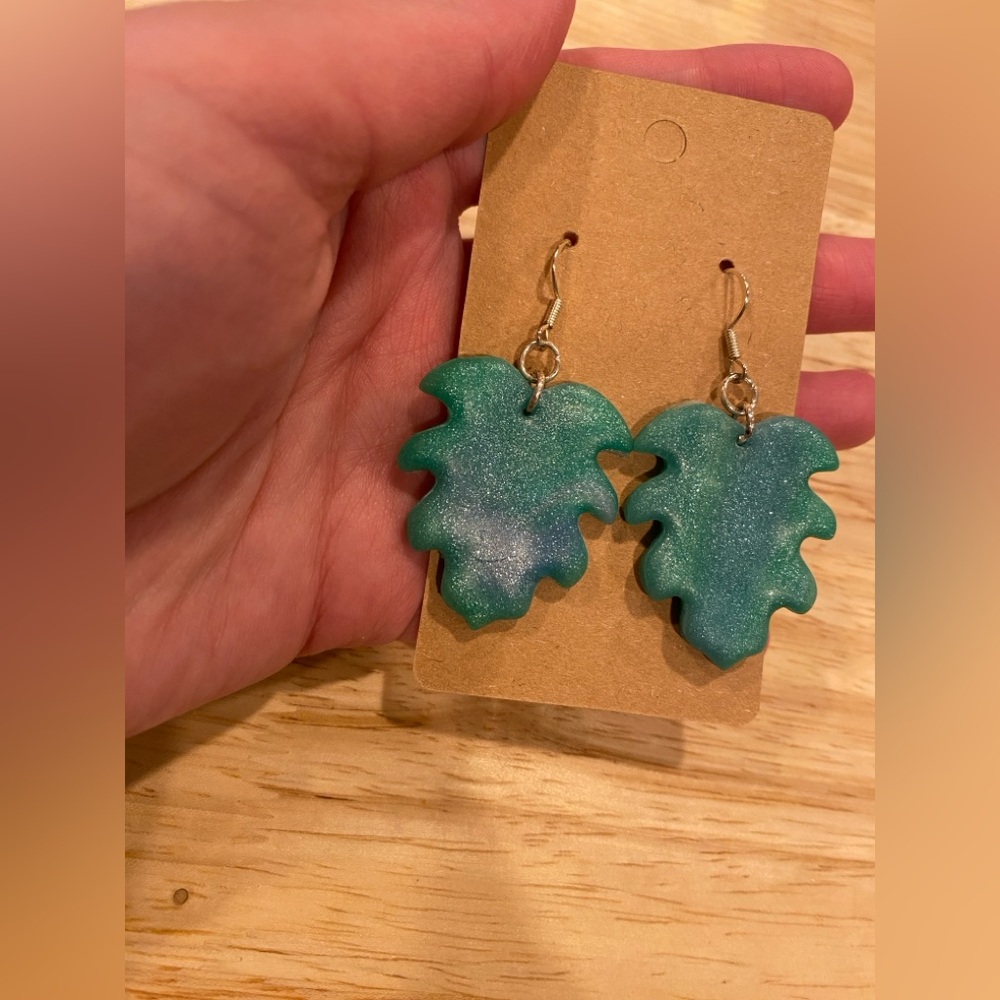 3/$10 Polymer Clay Sparkly Green Leaf Earrings